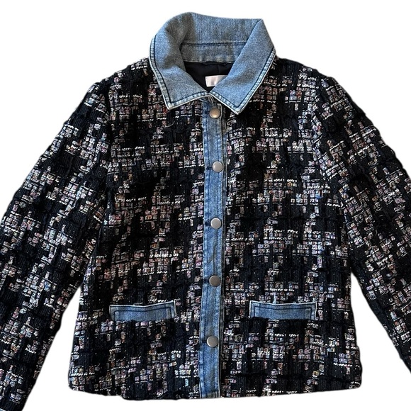 Ecru Black Mixed Media Tweed Houndstooth Denim Blazer Jacket Petite Small PS - Picture 4 of 13
